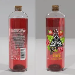 Detailed Blender 3D model of a translucent red bottled beverage with label and cap, suitable for photorealistic rendering.
