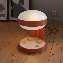 Retro-style 3D rendered Blender model of a mushroom-shaped table lamp with a warm light glow, on a wooden floor.
