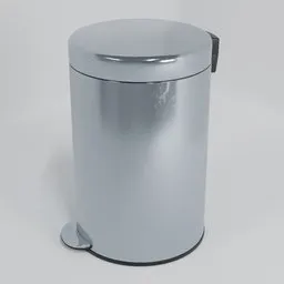 "Highly detailed Blender 3D model of a foot-operated, steel trash can with reflective surface suitable for realistic rendering."
