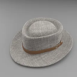 Realistic 3D model of a textured grey fedora with a detailed leather strap, ideal for Blender rendering projects.
