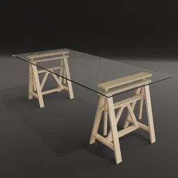 High-quality 3D model of a modern glass-topped wooden trestle table, ideal for Blender rendering.