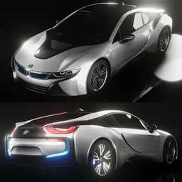 Detailed 3D model of silver BMW I8, compatible with Blender Eevee and Cycles, perfect for realistic renders.