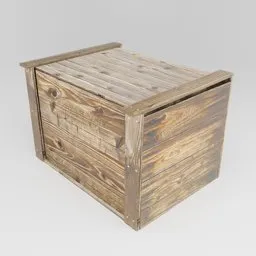 "Wooden Crate 3D model for Blender 3D: A weathered, ultra-detailed container with lid, featuring a realistic wooden box on a white background. This photorealistic, low-poly model is perfect for industrial container scenes. Created using Blender 3D software."
