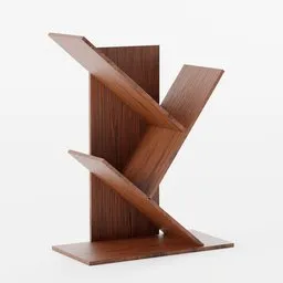 3D model of a modern wooden bookshelf with unique inclined plank design, compatible with Blender, ideal for office storage visualization.