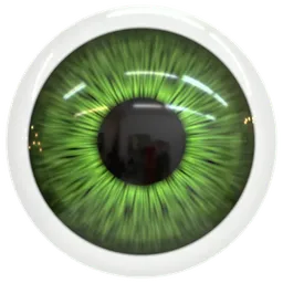 Realistic green human eyeball PBR material for Blender 3D with adjustable iris, pupil, roughness, and pixel art option.