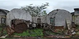 Dilapidated structure with overgrowth, ideal for realistic lighting in 3D urban scenes.