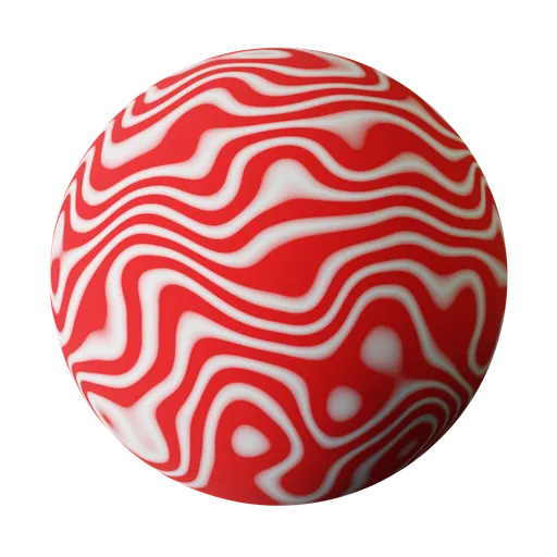 Red and white procedural PBR texture with abstract wave patterns for 3D models in Blender and other applications.