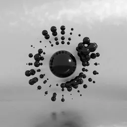 Abstract 3D model of spheres in explosion pattern, rendered in Blender using Cycles engine.