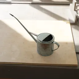 Realistic 3D oil can model on wooden surface, detailed texturing, compatible with Blender for industrial design visualization.