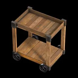 "Wood table in Blender 3D - High-quality 3D model with a wooden cart, wheels, and stylized shading. Perfect for displaying recipes, Steam Deck, or as a shelf in game development. Eye-level perspective image with a blocky shape rendered in Unreal Engine 5, offering a captivating visual experience."