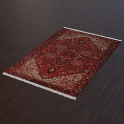 "Persian carpet (heris) 3D model for Blender 3D with PBR materials. Ideal for creating a realistic interior scene with wooden flooring and a brown backdrop. Particle system can be adjusted for better efficiency."