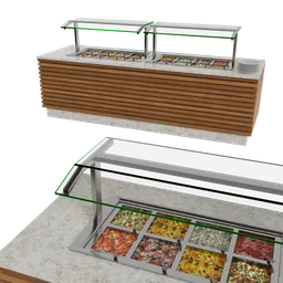 "Buffet 1 3D model for Blender 3D - restaurant and bar category with pizza, salad, and metal bars on display. Front and left viewpoint with vegetation in the background. Perfect addition to your scene."