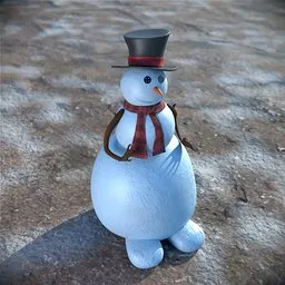 Detailed 3D snowman model with top hat and scarf, rendered in Blender, suitable for fantasy animation.