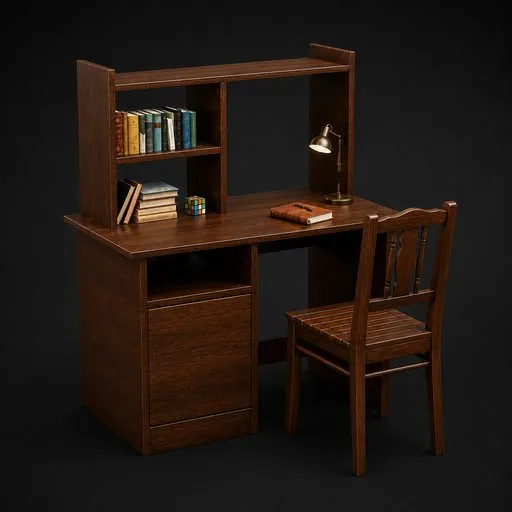 Wooden Study Desk with Bookshelf