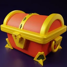 "High-definition 3D render of a vibrant red and yellow chest with a gold handle, reminiscent of Clash Royale-style characters, found inside a mystical item shop. This Blender 3D model showcases a purple glowing inscription, evoking a nostalgic 1998 rendering style. Perfect for game and motion graphics, this highly upvoted artwork offers a visual treat for TCG enthusiasts, measuring 100m and bringing a touch of gnome-themed allure."