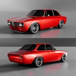 Detailed 3D model of red Alfa Romeo GTA with realistic textures and shadows, suitable for Blender rendering.