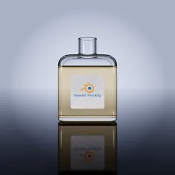 3D-rendered glass bottle on gradient background with reflection, ideal for product modeling in Blender.
