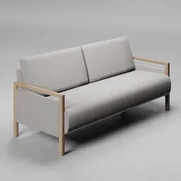 Detailed 3D three-seater sofa model with wood structure and linen cotton finish for Blender rendering.