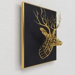 Detailed Blender 3D model of a gold wireframe deer head sculpture within a photo frame against a plain wall.