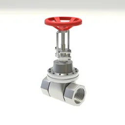 "Red gate valve 3D model for Blender 3D - ideal for construction pipelines. Detailed and symmetric faces with metal joints, toggles, and pipelines. Provides complete fluid flow control when fully open."