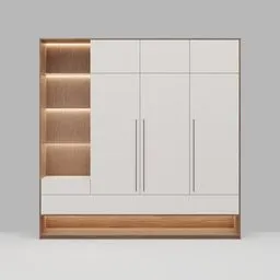 "White and wood modern closet with drawer, shoe rack, and display shelf 3D model in Blender software. Perfect for home or studio use, this wardrobe features visible stitching and a sleek design."