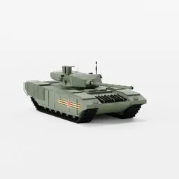 "Close-up of a toy tank on a white surface - a 2D render. This 2019 tank model, inspired by Huang Ding and featuring electronic components, is a versatile automated defense platform. Ideal for Blender 3D users seeking a high-quality 3D model with two procedural materials."