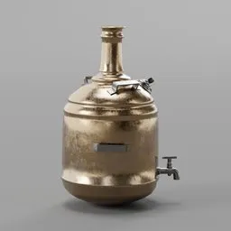 "Low poly 3D model of an Indian tea boiler with a tap, made for Blender 3D. Features a metallic bronze skin, brass and wood mechanisms, and propane tanks. Perfect for restaurant and bar scenes."