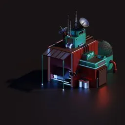 Detailed 3D model of futuristic shop with antennas, satellite dish, and space greenhouse, designed for Blender.