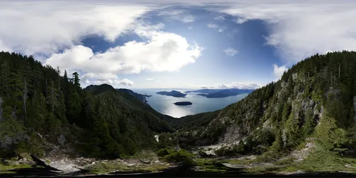 Panoramic HDR image featuring a scenic coastal landscape from a high vantage point under a mix of sun and clouds.