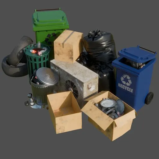 PBR textured Blender 3D trash bins in various colors and sizes, with detailed garbage models for realistic cityscape visualizations.