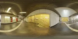 360-degree view of a subway entrance HDR for realistic lighting in 3D scenes, featuring reflective surfaces and architectural details.