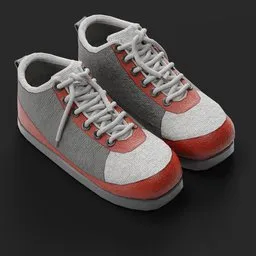 Highly detailed red and grey Blender 3D sneaker model with laces.