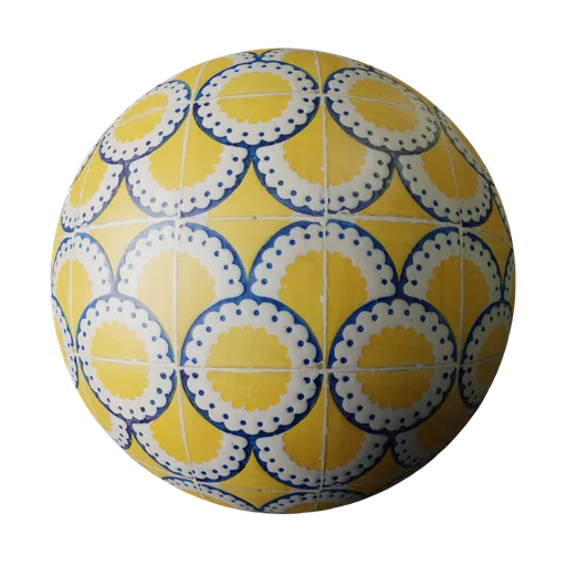 Hand-painted yellow and blue ceramic tile texture for Blender 3D with PBR shader configuration.