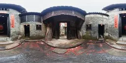 360-degree view of a traditional structure for realistic scene lighting, post-rain ambiance with overcast sky.
