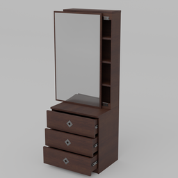 Detailed 3D rendering of a wooden console table with drawers and mirror for Blender modeling.