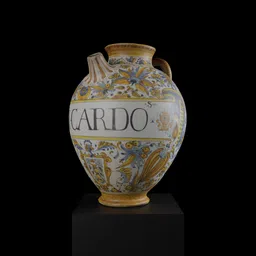 Intricately designed 3D Blender model of a historical apothecary vessel with ornate patterns and inscriptions.
