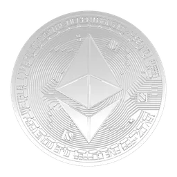 3D Blender model of a silver Ethereum coin, low-poly, PBR textures, polygon mesh, non-rigged, for VR/AR.