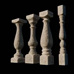 Variety of four stone balustrades 3D models, highly detailed with textures, suitable for street scenes in Blender.