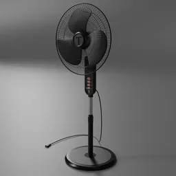 Realistic black stand fan 3D model with poseable constraints, ideal for Blender animation projects.