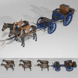 Detailed 3D model of Prussian Mounted Artillery forge wagon with horses, Blender compatible, featuring over 5200 parts with movable axis and openable crates.