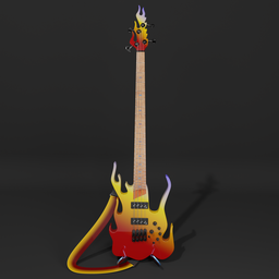 "4 string flame bass for Blender 3D - a fiery guitar design inspired by Kose Kanaoka and infused with lightning. Includes guitar stand and blender curve controlled strap. Perfect for rock and roll or RPG item renders."