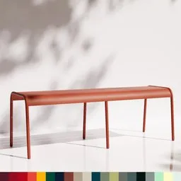 3D model of a sleek, modern Fermob Luxembourg metal garden bench with color swatch.