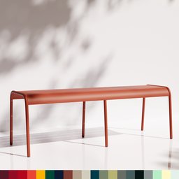 "3D model of Fermob Luxembourg bench from outdoor furniture category in Blender 3D. Inspired by classicism and designed by Frédéric Sofia, this bench features a red seat and Fermob's color chart. Perfect for garden and outdoor spaces."