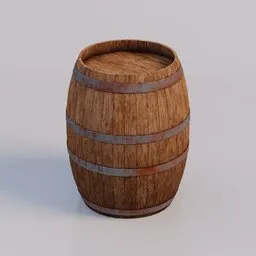 Detailed medieval wooden barrel 3D model with metal bands, textured for Blender rendering.