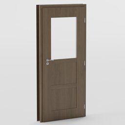 "Low poly brown door with side glass, inspired by Friedrich Traffelet's precisionist style. Realistic shape and texture, perfect for architectural and game development projects. Created in 2019 with Blender 3D software."