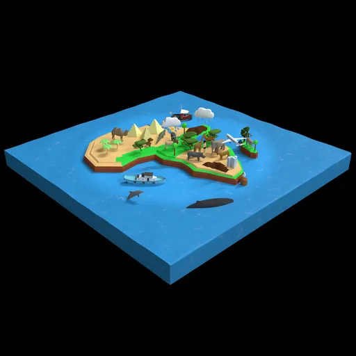 Low poly animated 3D model featuring Africa, wildlife elements, Blender compatible, stylized continent representation.