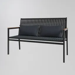 "Blender 3D model of a sleek, modern Rope Bench with pillows. Lumion and Octane render images, along with detailed product shots, showcase the defined lines and single long stick design inspired by Alfred Jensen. Perfect for adding depth to any scene."