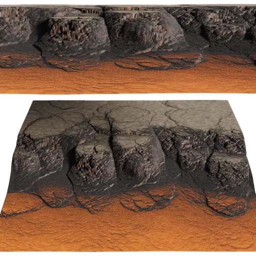 Detailed 3D mountain terrain model with textured volcanic cliffs suitable for rendering in Blender.