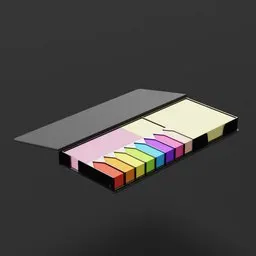 Realistic 3D model of a sticky notes holder with multicolored notes and movable lid, ideal for close-up and background.