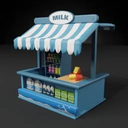 "Street Milk Shop 3D model for Blender 3D. This game asset pack features toy store with blue and white awning, milkboys, cold drinks, colored fruit stand and flowing milk. Created by senior environment artist Toyen for an extremely realistic experience."